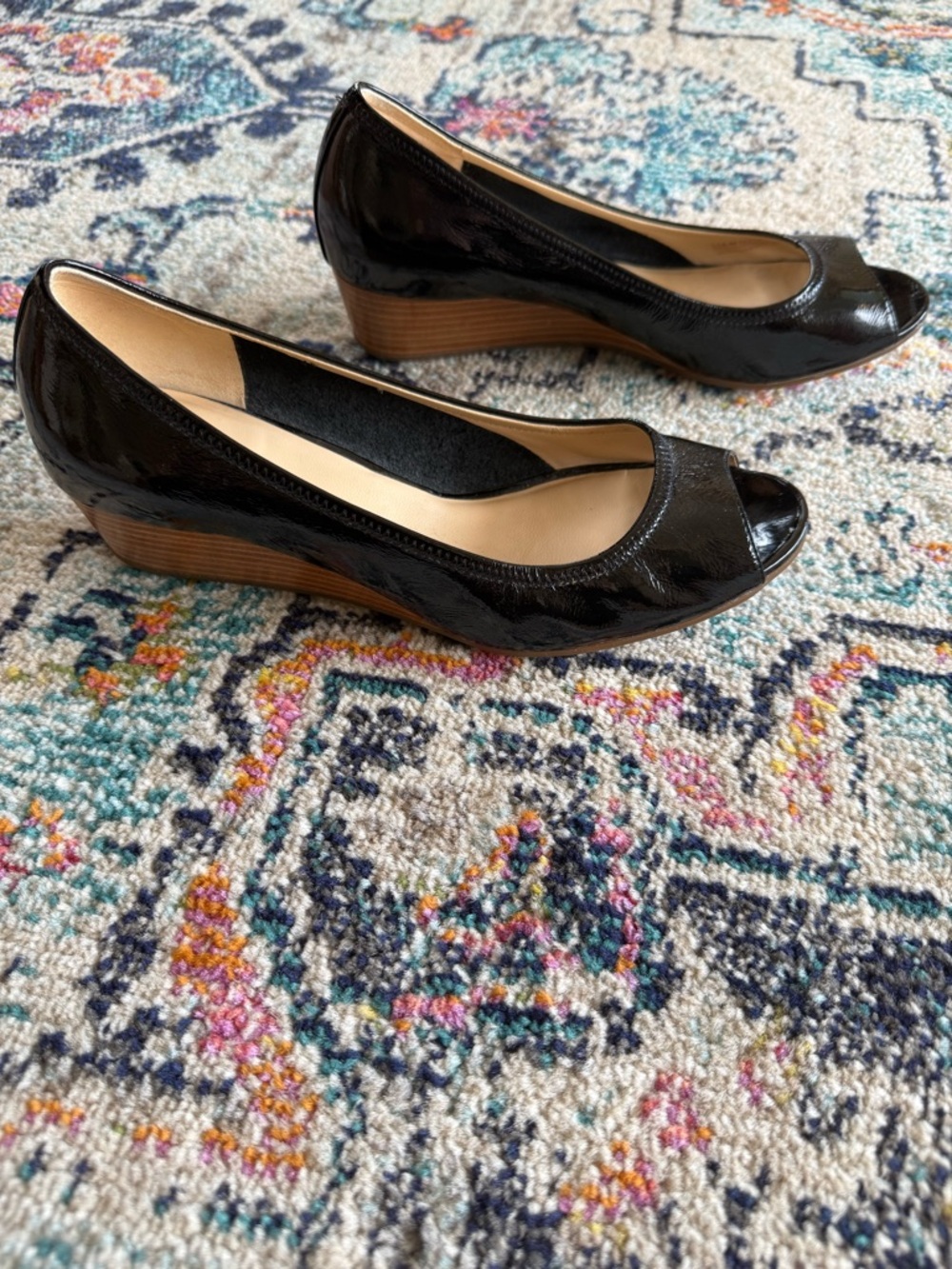 COLE HAAN NikeAir Black Patent Open Toe Wedge Size 8B